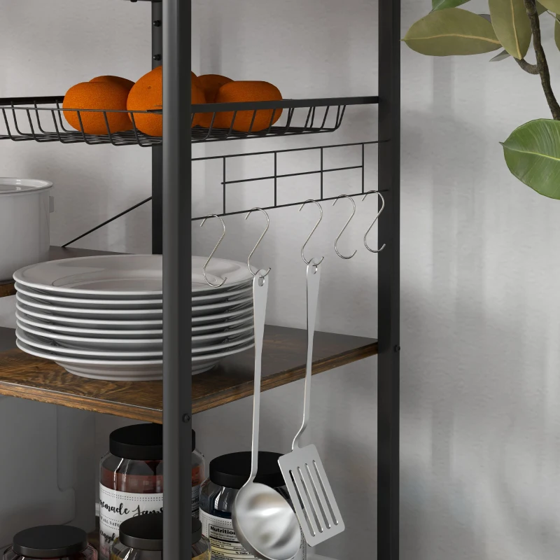 HOMCOM Kitchen Bakers Rack with Charge Station, Industrial Microwave Stand with Adjustable Shelf, 5 Hooks, Wire Basket