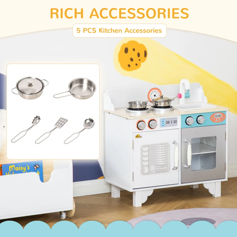 Qaba Wooden Pretend Play Kitchen with Sink, Clock, and Stove for Kids with Real Stainless Steel, Children Cooking Playset for 3-6 Years Old