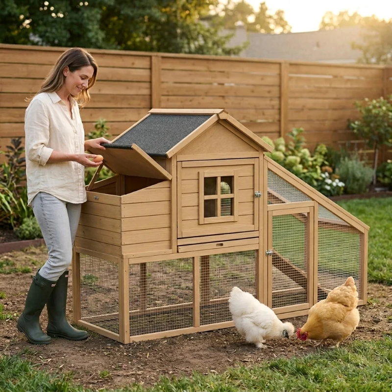 PawHut 69" Wooden Chicken Coop, Poultry Cage Hen House with Connecting Ramp, Tray, Ventilated Window and Nesting Box