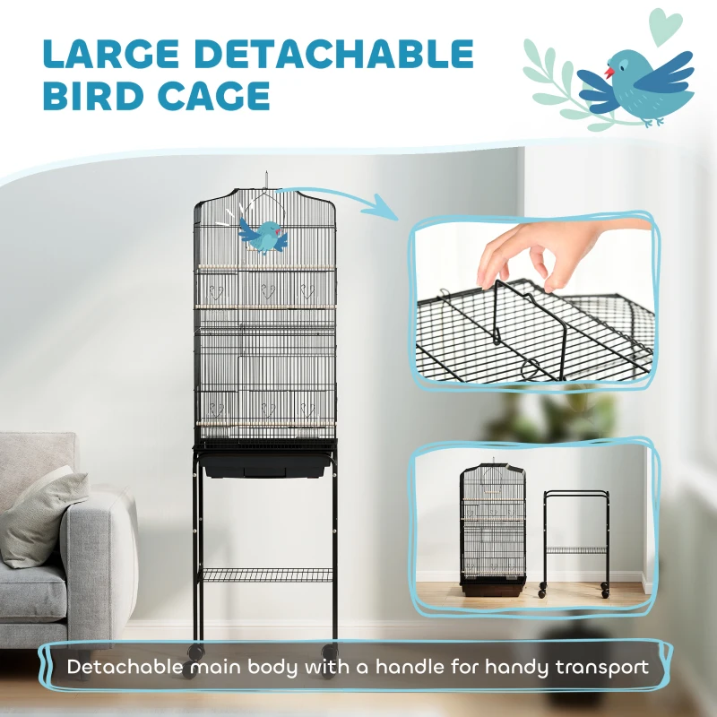 PawHut 60" Metal Indoor Bird Cage Starter Kit with Detachable Rolling Stand, Storage Basket, and Accessories, Black