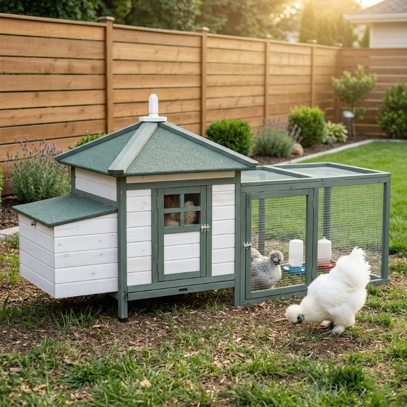 PawHut 77" Wooden Chicken Coop Hen House Poultry Cage with Weatherproof Roof, Nesting Box, Enclosed Run and Removable Tray for Outdoor Backyard, Green