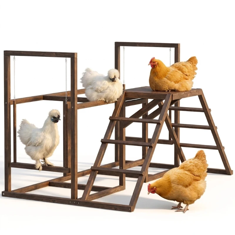 PawHut Chicken Activity Play Set with Multiple Chicken Perches, Swing, Ladder, Platform for 3-4 Chickens, Coffee