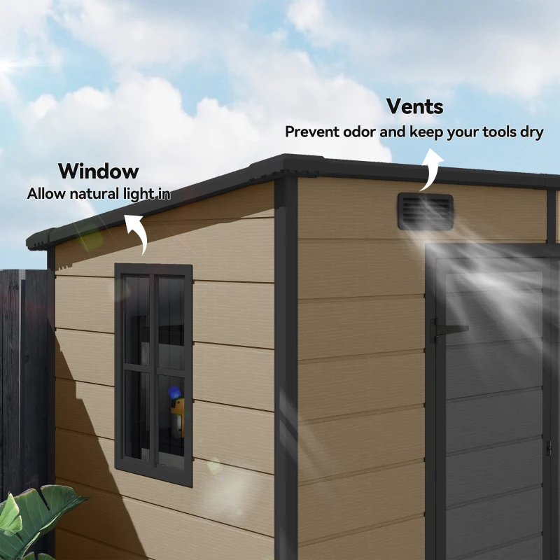 Outsunny 8' x 4' Plastic Outdoor Storage Shed with Floor, Window, Lockable Doors and Vents for Backyard Patio Lawn, Light Brown