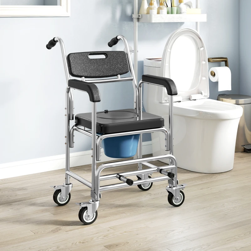 HOMCOM 3-in-1 Shower Commode Wheelchair, Accessible Transport Commode Medical Rolling Chair, Black