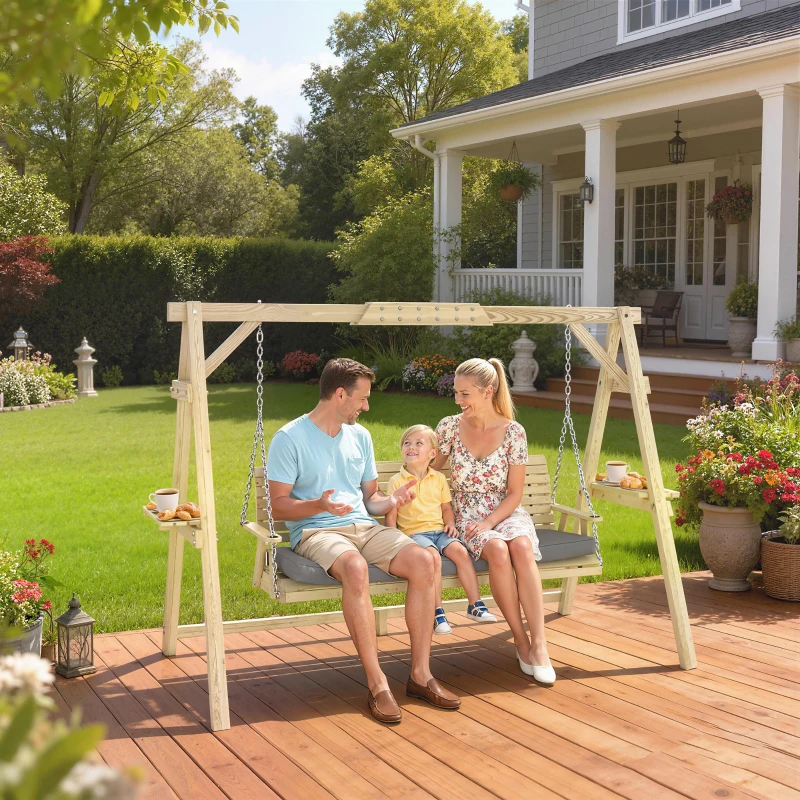 Outsunny 3 Seat Wooden Porch Swing with Stand, Patio Swing with Cushion, for Garden, Poolside, Backyard, Natural Wood