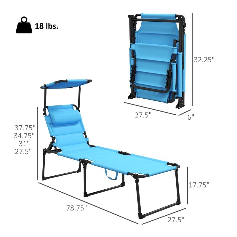 Outsunny Outdoor Lounge Chair, 4 Position Adjustable Backrest, Folding, Cushioned w/ Sun Shade Roof & Pillow, Blue