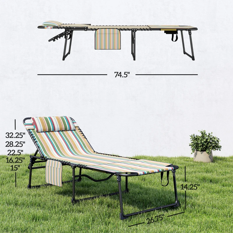 Outsunny 2 Piece Folding Chaise Lounge Pool Chairs with 5-level Reclining Back, Reading Hole, Side Pocket, Rainbow Striped