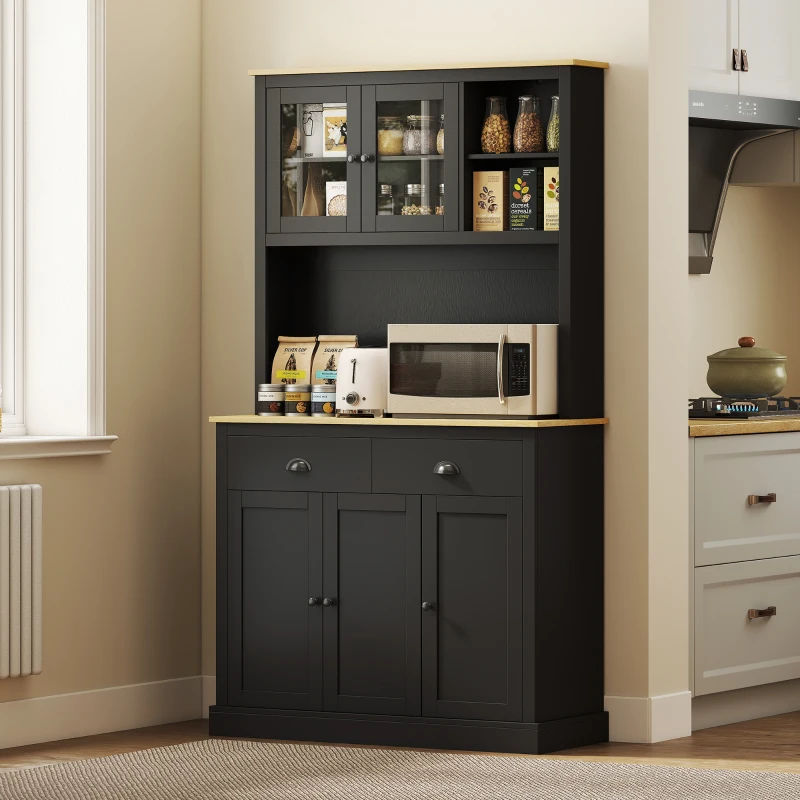 HOMCOM Freestanding Kitchen Cabinet, 71" Tall Pantry Cabinet, Modern Hutch with Wide Countertop, Adjustable Shelves, Black