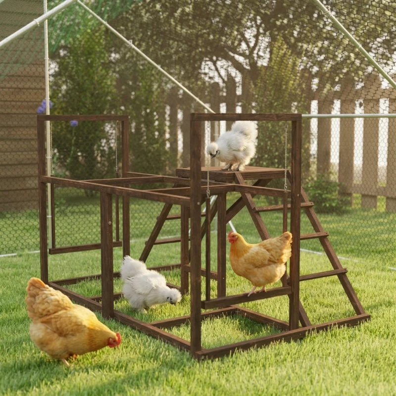 PawHut Chicken Activity Play Set with Multiple Chicken Perches, Swing, Ladder, Platform for 3-4 Chickens, Coffee