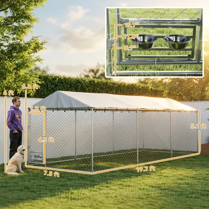 PawHut Dog Kennel Outdoor Dog Run Waterproof UV-Resist Cover Lockable Door Adjustable Bowls 20 x 7.5 x 6.5ft