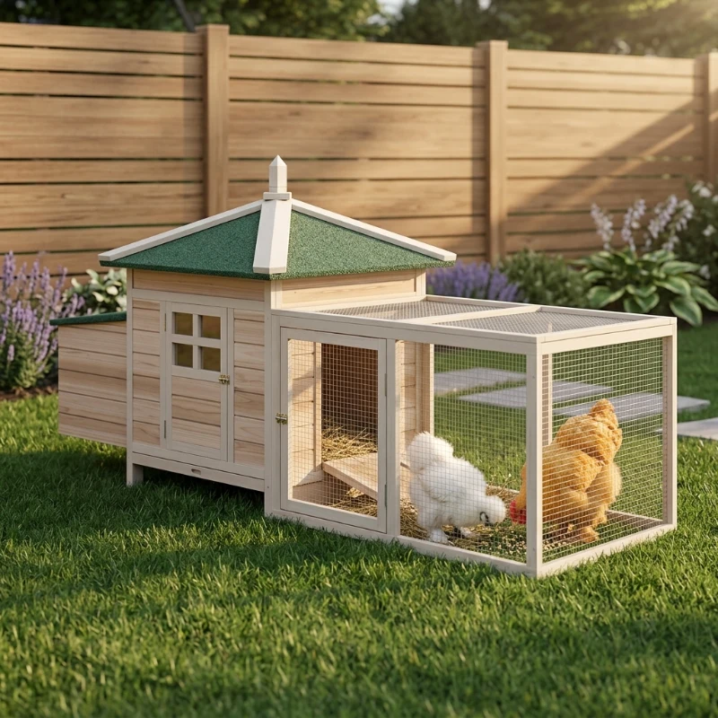 PawHut 77" Wooden Chicken Coop with Nesting Box, Cute Outdoor Hen House with Removable Tray, Ramp Run, for Garden Backyard, Natural