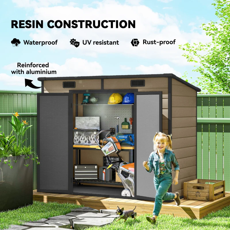 Outsunny 8' x 4' Plastic Outdoor Storage Shed with Floor, Window, Lockable Doors and Vents for Backyard Patio Lawn, Light Brown