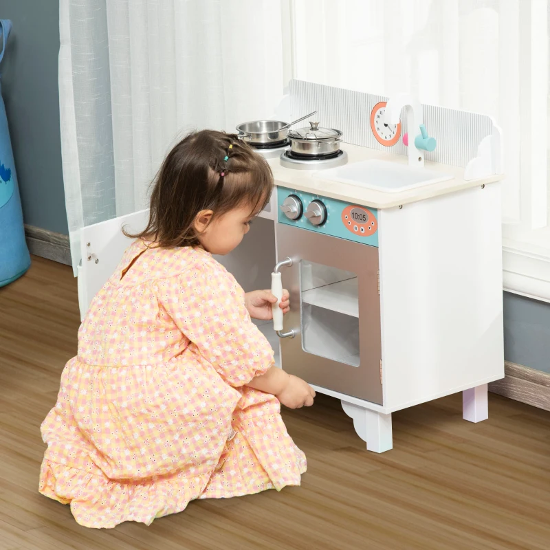 Qaba Wooden Pretend Play Kitchen with Sink, Clock, and Stove for Kids with Real Stainless Steel, Children Cooking Playset for 3-6 Years Old