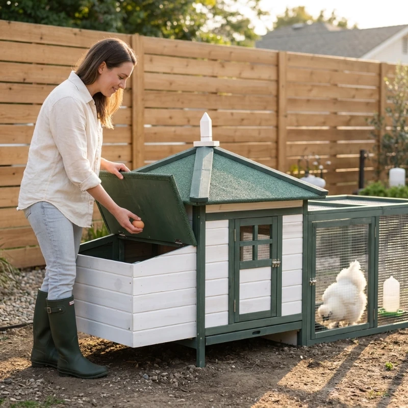 PawHut 77" Wooden Chicken Coop Hen House Poultry Cage with Weatherproof Roof, Nesting Box, Enclosed Run and Removable Tray for Outdoor Backyard, Green