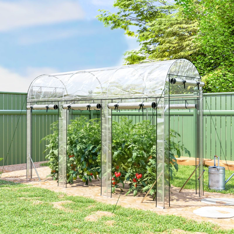 Outsunny Walk-in Tunnel Greenhouse, Hoop House Greenhouse with 8 Roll-Up Doors, 10' x 3' x 6.5', Clear