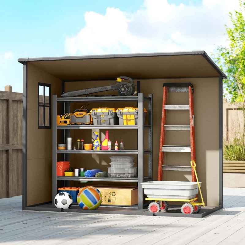 Outsunny 8' x 4' Plastic Outdoor Storage Shed with Floor, Window, Lockable Doors and Vents for Backyard Patio Lawn, Light Brown