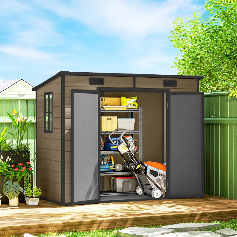 Outsunny 8' x 4' Plastic Outdoor Storage Shed with Floor, Window, Lockable Doors and Vents for Backyard Patio Lawn, Light Brown