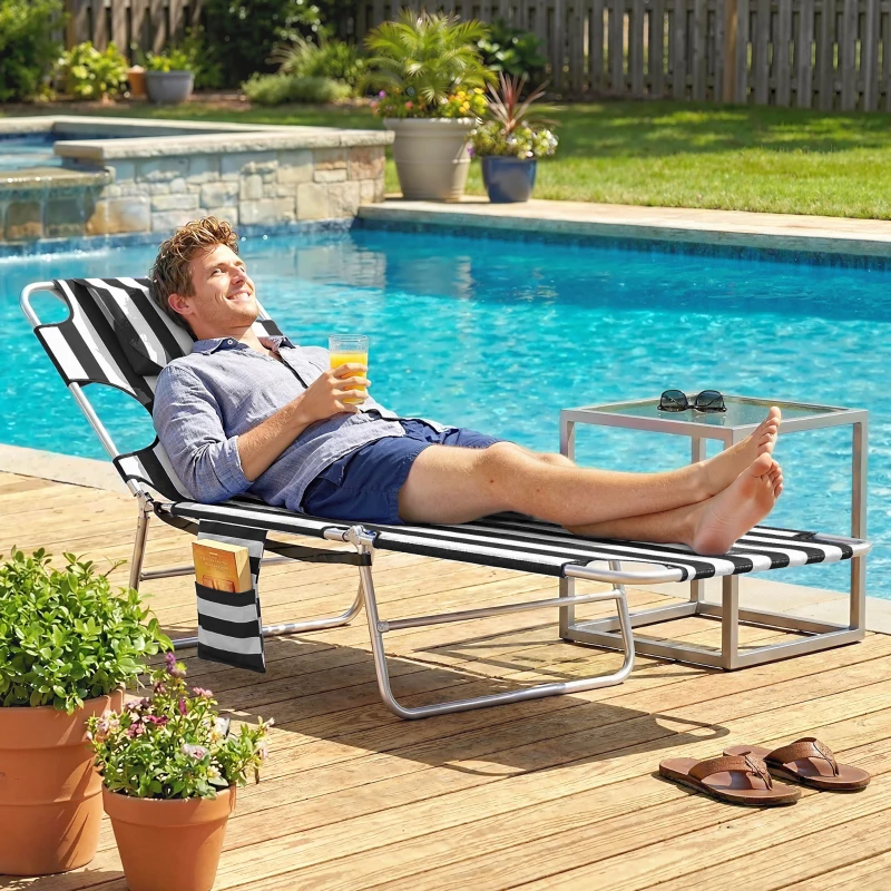 Outsunny Tanning Chair with Face Hole, 5-Level Adjustable Outdoor Chaise Lounge Chair with Pillow for Beach, Pool, Black Stripe