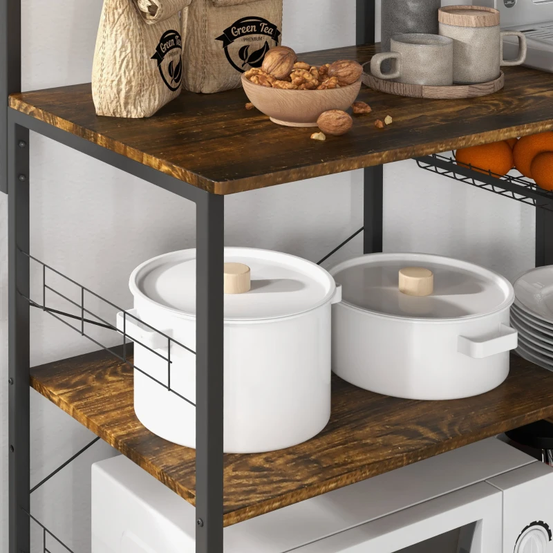 HOMCOM Kitchen Bakers Rack with Charge Station, Industrial Microwave Stand with Adjustable Shelf, 5 Hooks, Wire Basket