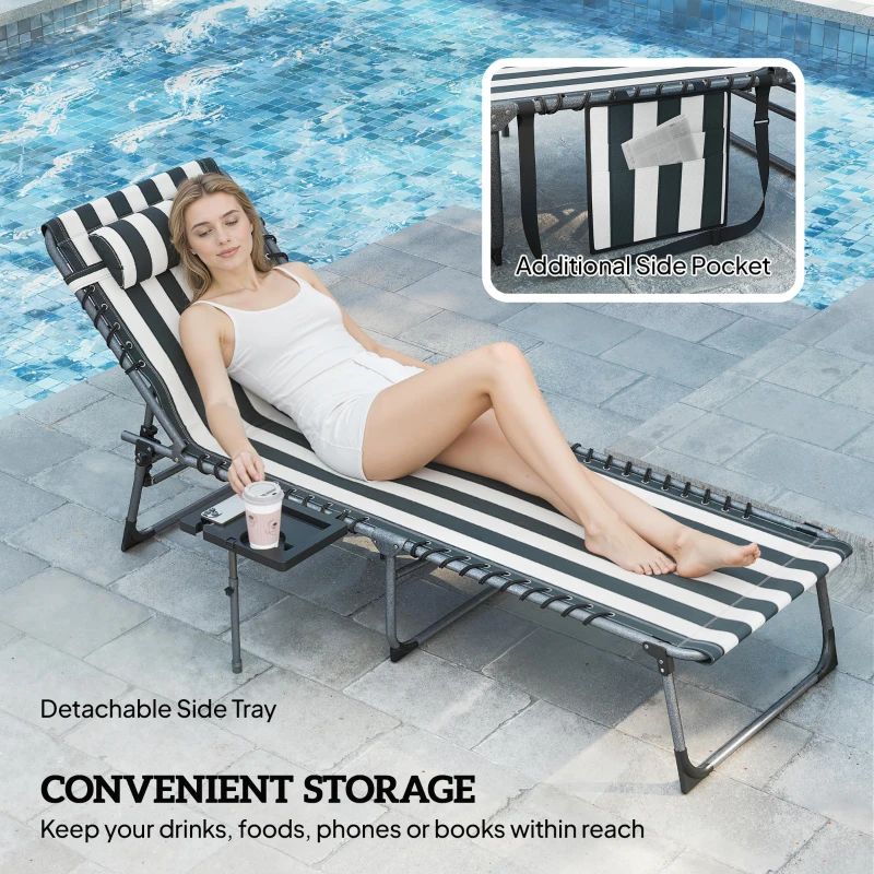 Outsunny Folding Outdoor Chaise Lounge Chair Tanning Chair with 5-Level Adjustable Back, Side Table, Pillow, Pocket, Blue White
