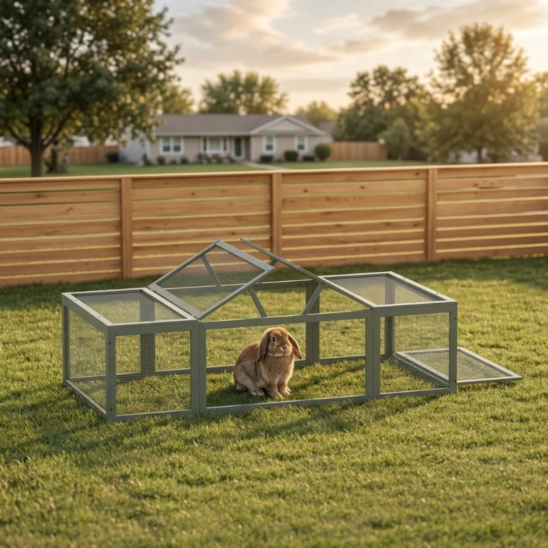 PawHut Large Wooden Rabbit Hutch Small Animal Habitat Enclosure Outdoor Run and Lockable Doors - Gray