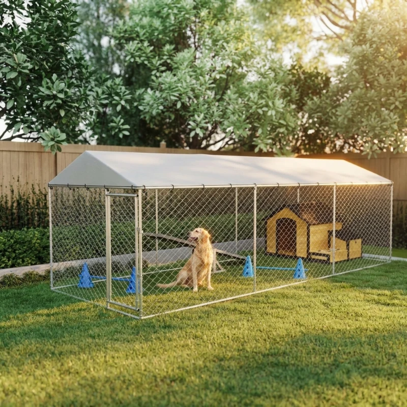 PawHut 20' x 7.5' x 6.5' Dog Kennel Outdoor for Small Medium Large Dogs with Waterproof Roof, Silver