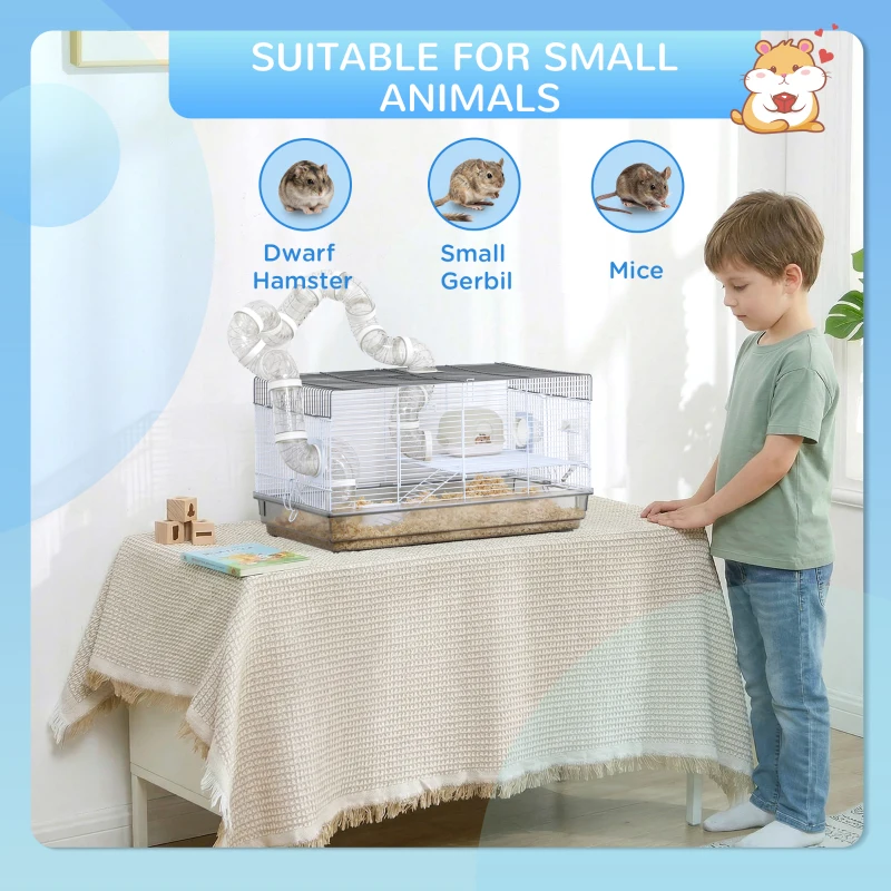 PawHut Small Animal Cage for Gerbil or Dwarf Hamster w/ Tubes, Exercise Wheel, Food Dish, Water Bottle, 23" x 13" x 12", Gray