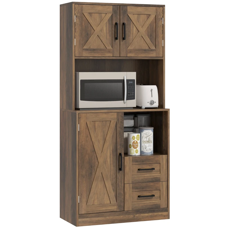 HOMCOM 60" Kitchen Pantry Storage Cabinet, Farmhouse Kitchen Hutch with Microwave Oven Countertop, Adjustable Shelves, Brown