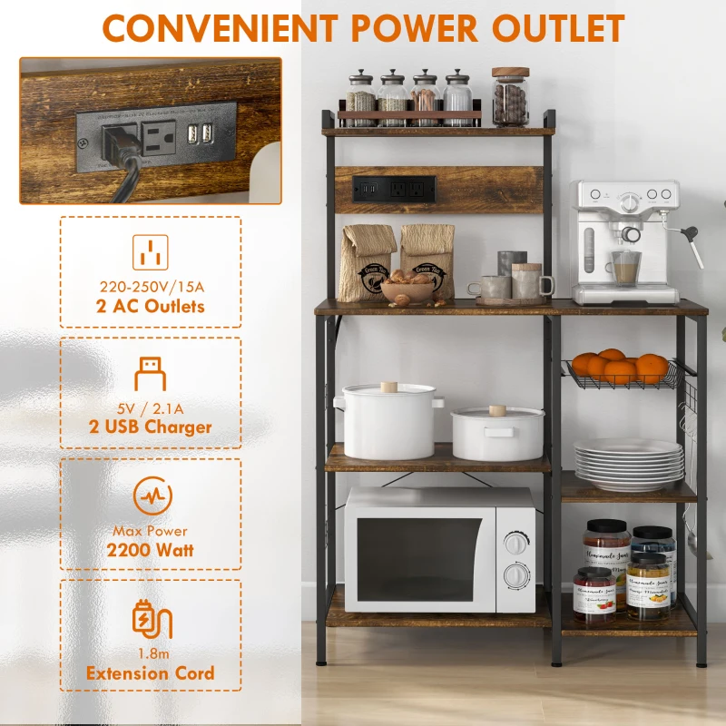HOMCOM Kitchen Bakers Rack with Charge Station, Industrial Microwave Stand with Adjustable Shelf, 5 Hooks, Wire Basket