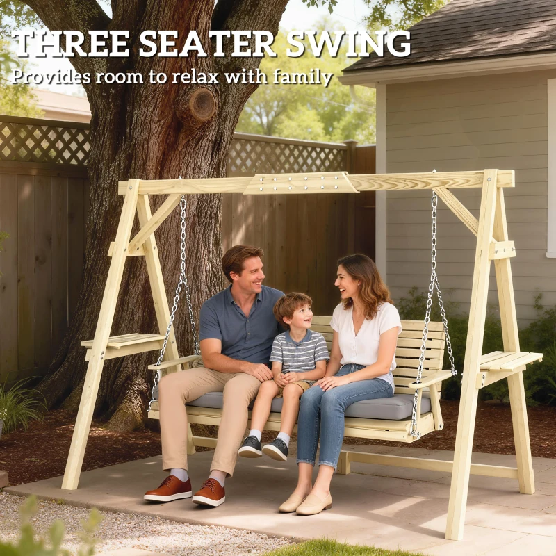 Outsunny 3 Seat Wooden Porch Swing with Stand, Patio Swing with Cushion, for Garden, Poolside, Backyard, Natural Wood