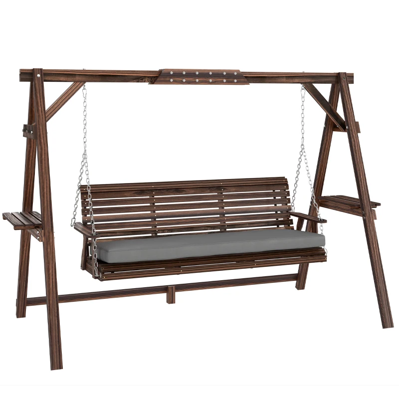 Outsunny 3 Seat Wooden Porch Swing with Stand, Patio Swing with Cushion, for Garden, Poolside, Backyard, Carbonized Brown