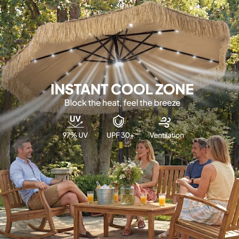 Outsunny 9 ft Hula Thatched Tiki Patio Umbrella with LED Solar Light, Outdoor Umbrella with Crank, Tilt, UPF30+, Khaki