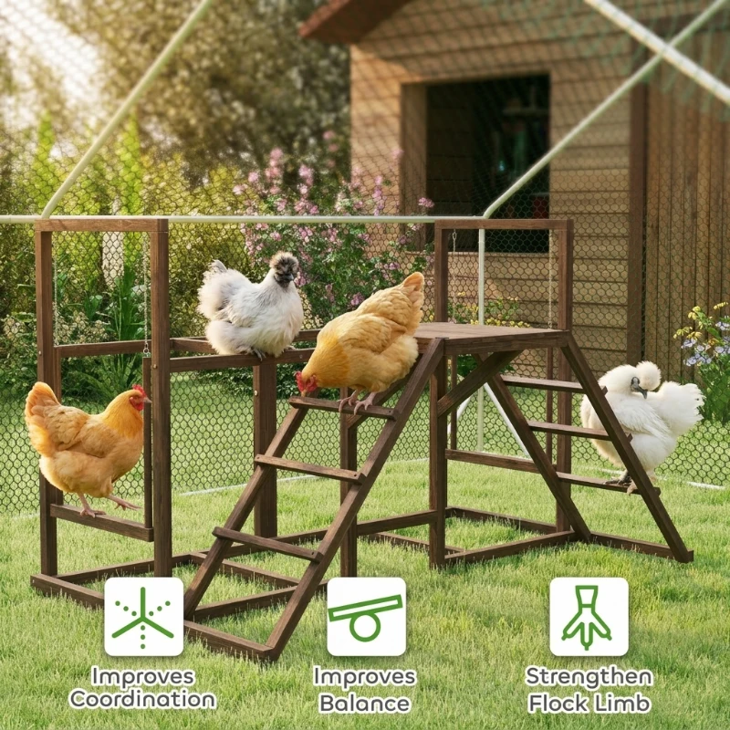 PawHut Chicken Activity Play Set with Multiple Chicken Perches, Swing, Ladder, Platform for 3-4 Chickens, Coffee