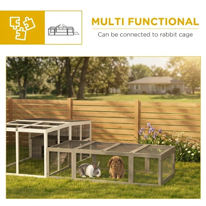 PawHut Large Wooden Rabbit Hutch Small Animal Habitat Enclosure Outdoor Run and Lockable Doors - Gray
