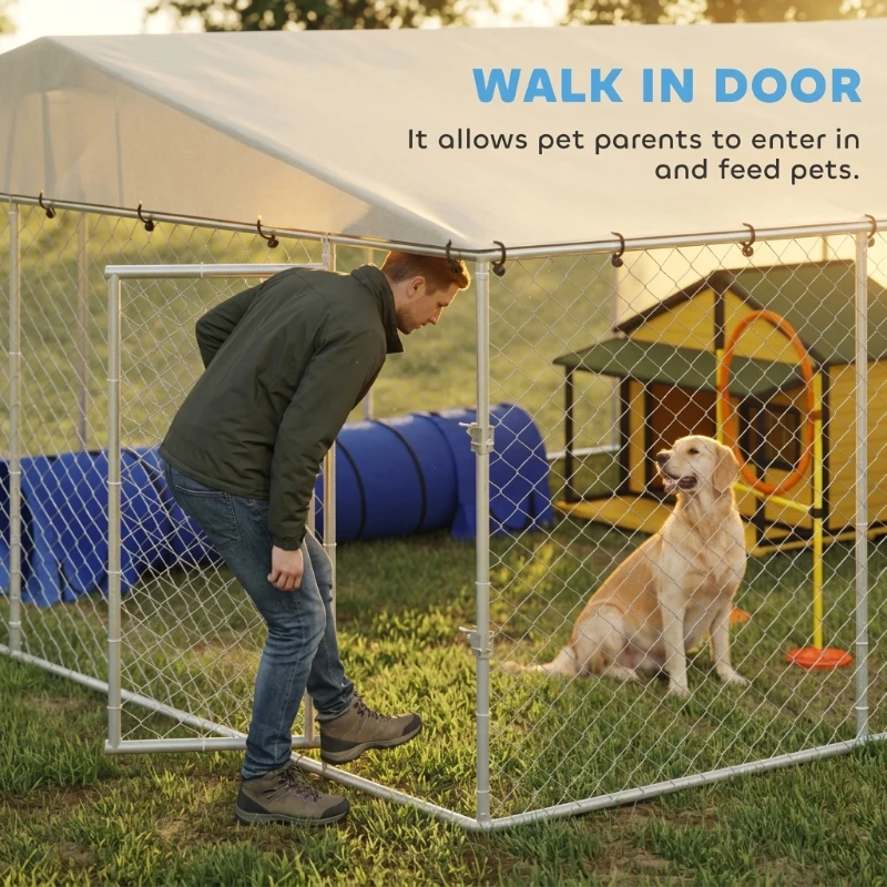 PawHut 15' x 15' x 7' Dog Kennel Outdoor for Small Medium Large Dogs with Waterproof Roof, Silver
