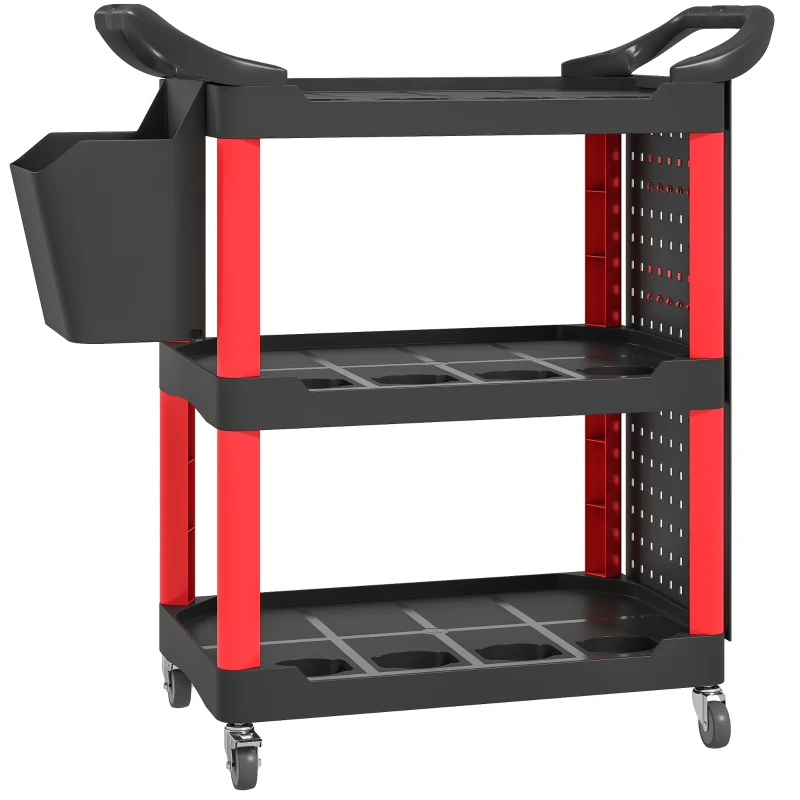 HOMCOM 3-Tier Rolling Tool Cart, 200 LBS Capacity Plastic Utility Cart with Side Shelf and Storage Bucket, Black & Red