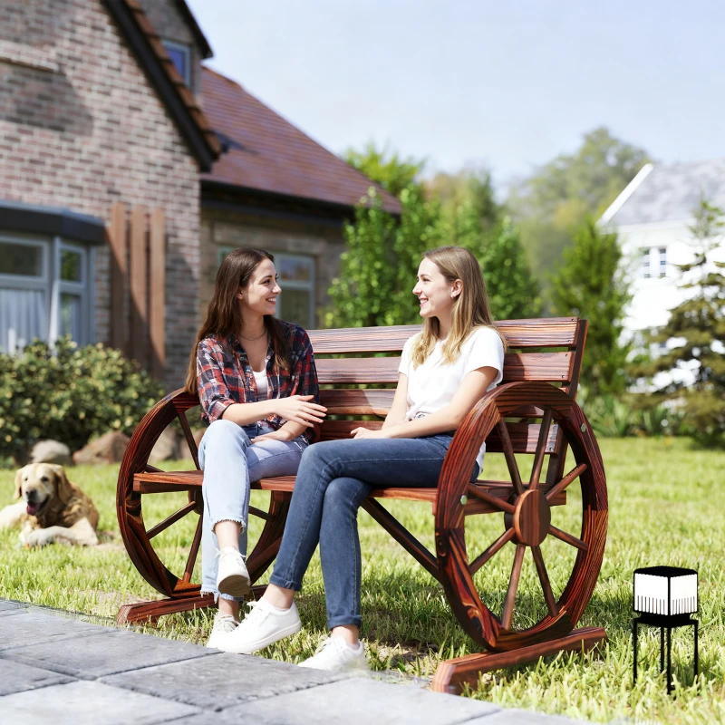 Outsunny 41" Wooden Wagon Wheel Bench, Rustic Outdoor Patio Bench Weather Resistance Furniture, 2-Person Slatted Seat with Backrest, Carbonized