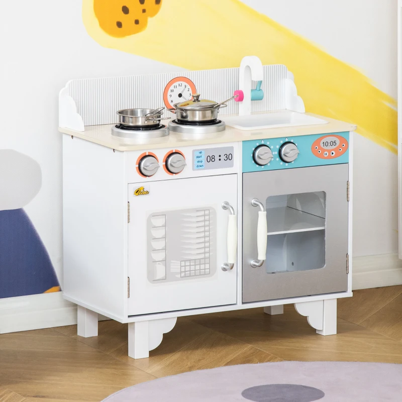 Qaba Wooden Pretend Play Kitchen with Sink, Clock, and Stove for Kids with Real Stainless Steel, Children Cooking Playset for 3-6 Years Old