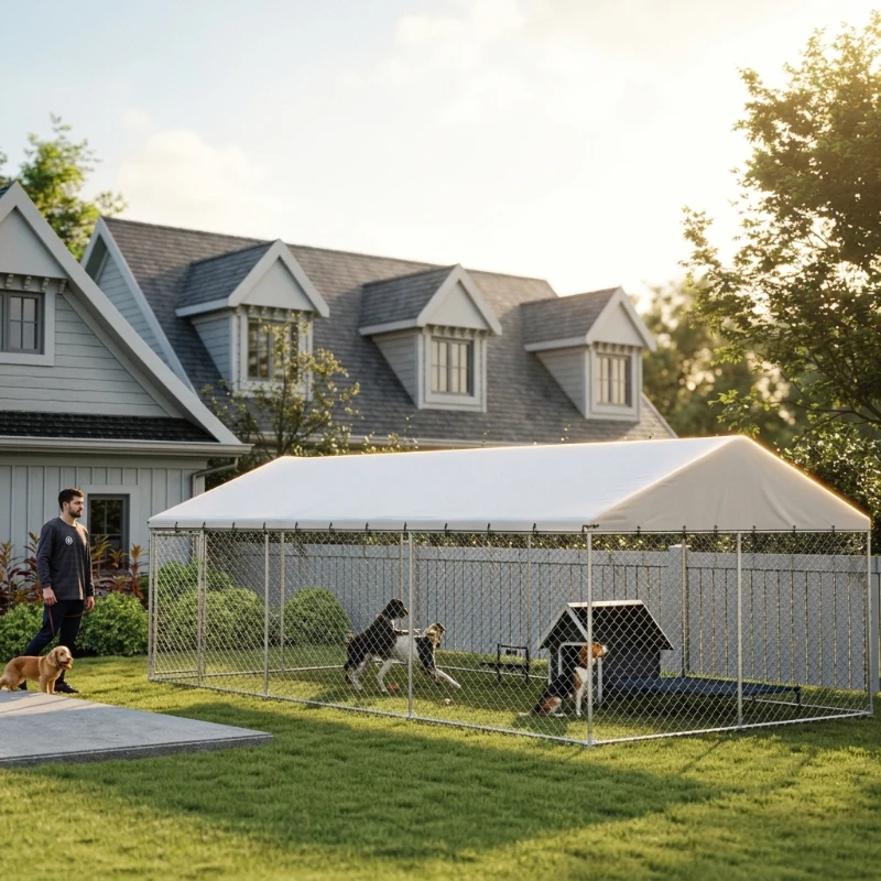 PawHut Heavy Duty Outdoor Dog Kennel with Waterproof Roof, 2 Secure Latches, Chain Link Dog Run for Backyard, 20' x 10' x 7'
