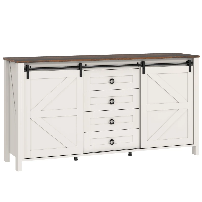 HOMCOM 60" Buffet Cabinet, Farmhouse Sideboard with Sliding Barn Doors, Drawers and Adjustable Shelves, Distressed Cream White