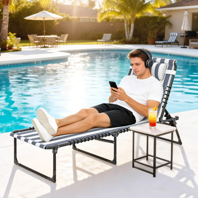 Outsunny Folding Chaise Lounge Pool Chair with 4-Position Reclining Back, Pillow, Breathable Mesh & Bungee Seat, Blue & White