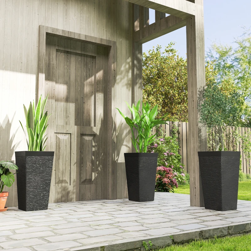 Outsunny 22.8 Inch Set of 3 Outdoor Planters with Stone Finish and Wheels, Stackable Tapered Planters with Drainage Hole, Black