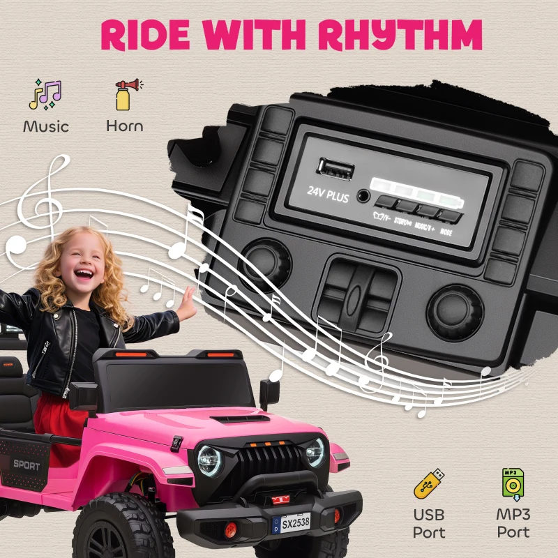 Qaba Ride on Truck Car with 2-Seater, 24V Electric Car with 4 Motors, Remote Control, Spring Suspension for 3-8 Years, Pink