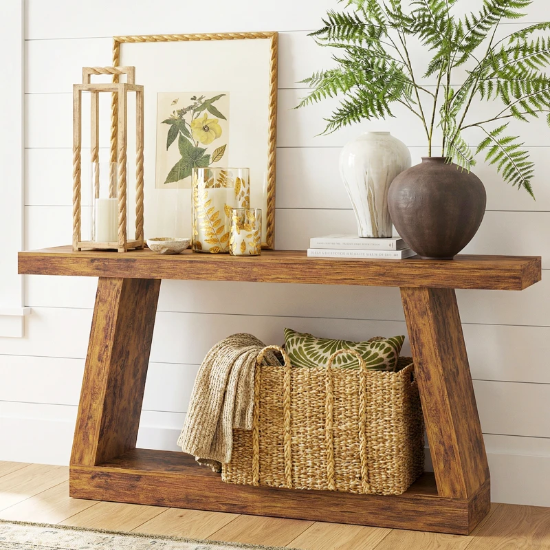 HOMCOM 55" Farmhouse Console Table, 2-Tier Entryway Table with Storage for Hallway, Living Room, Behind Couch, Rustic Brown
