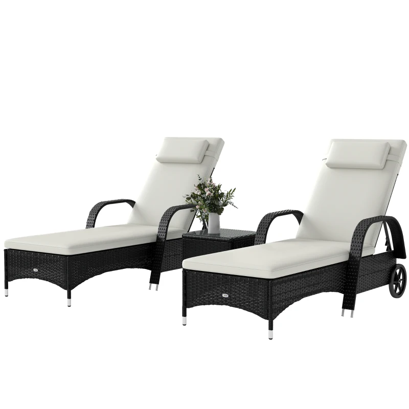Outsunny Wicker Outdoor Chaise Lounge Chair Set of 3 with Side Table, 5-Level Adjustable Backrest PE Rattan Pool Lounge Chair with Wheels, Cushion & Headrest, Black and Cream White