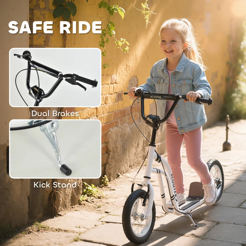Aosom Youth Scooter Front and Rear Caliper Dual Brakes 12-Inch Inflatable Front Wheel Ride On Toy For Age 5+ - White