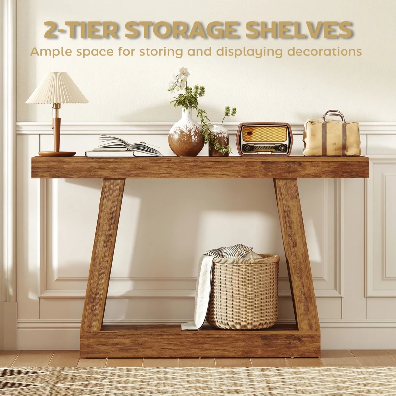 HOMCOM 55" Farmhouse Console Table, 2-Tier Entryway Table with Storage for Hallway, Living Room, Behind Couch, Rustic Brown