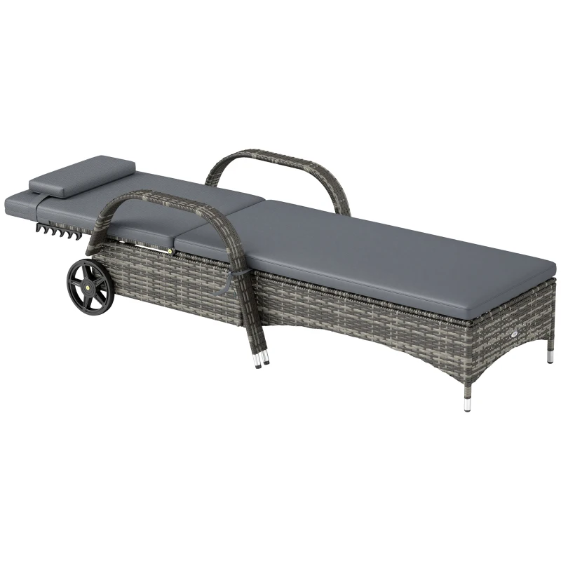 Outsunny Wicker Outdoor Chaise Lounge, 5-Level Adjustable Backrest PE Rattan Pool Lounge Chair with Wheels, Cushion & Headrest, Mixed Gray and Gray
