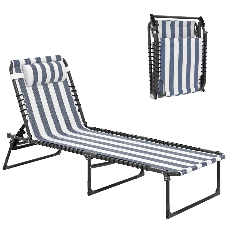 Outsunny Folding Chaise Lounge Pool Chair with 4-Position Reclining Back, Pillow, Breathable Mesh & Bungee Seat, Blue & White