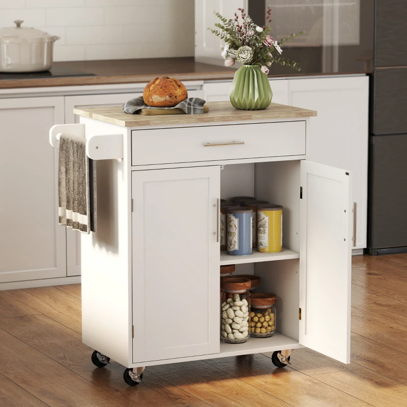 HOMCOM Kitchen Island Cart, Rolling Island Table with Solid Wood Top, Trolley Cart with Drawer, Storage Cabinet & Towel Rack, White